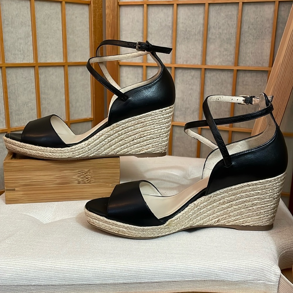 L.K. Bennett Black Leather Nellie Peep Toe Espadrille Wedge Heel EU 37.5 /US 7 - Picture 7 of 16